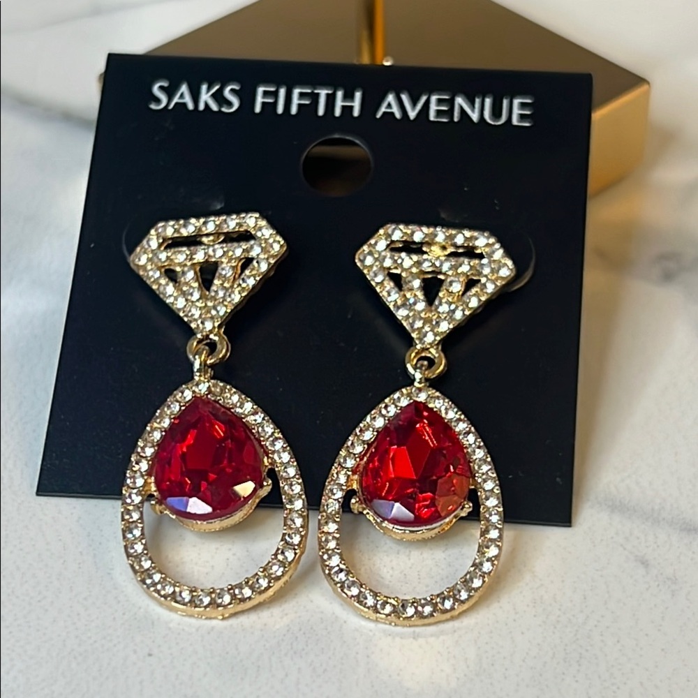 Saks Fifth Avenue Gold and Red Gemstone Earrings